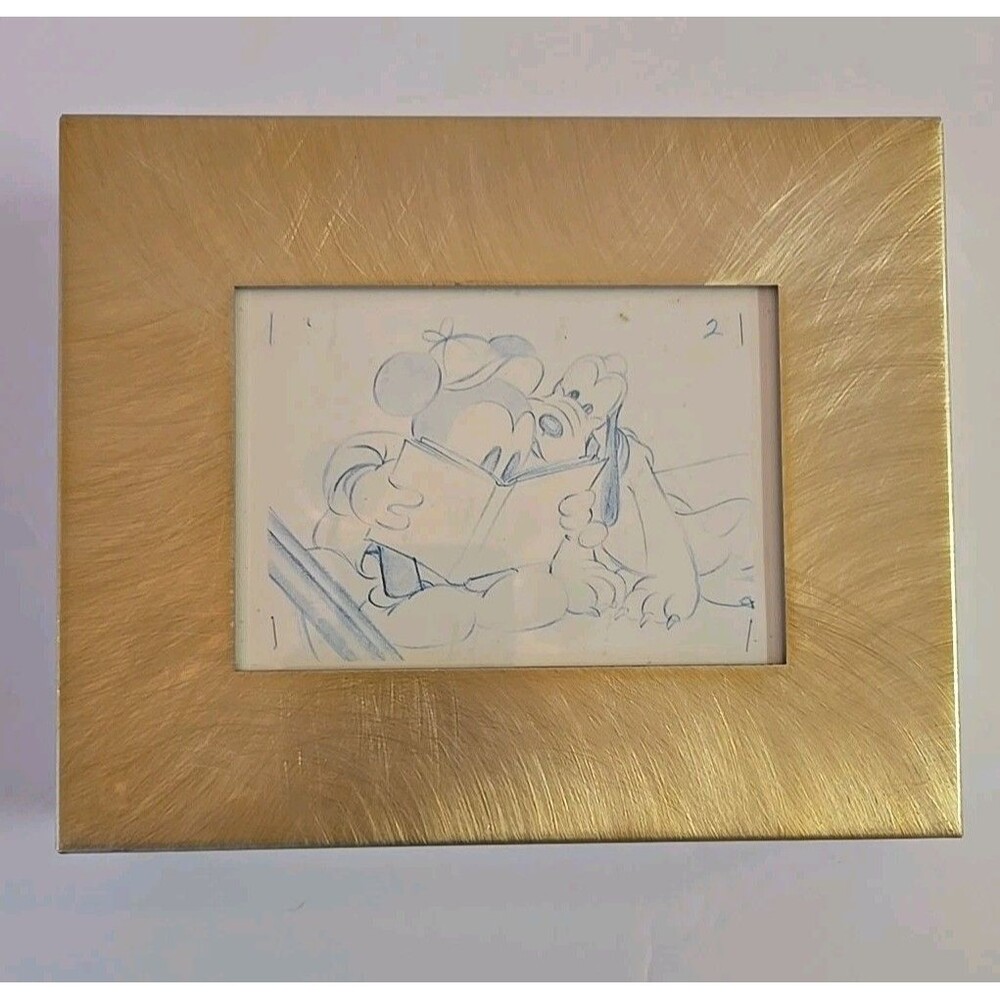 Disney Framed Postcard Mickey and Pluto Sketch 3.5" X 5" Brushed Gold